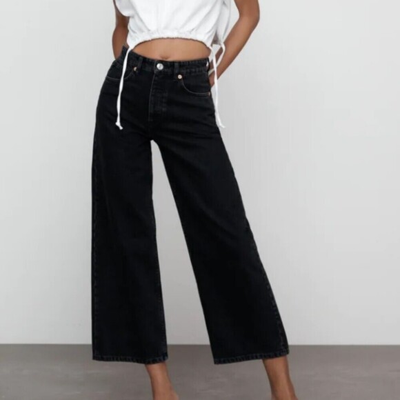 Black Denim Zara Hi-Rise Cropped Wide Leg Jeans (NWT) - Picture 2 of 6